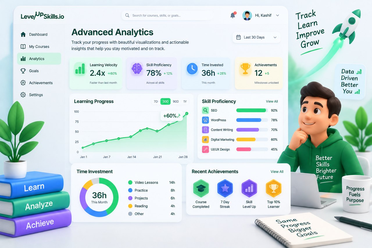 The advanced analytics dashboard: learning velocity, skill proficiency, time invested and achievement tiles above a progress chart