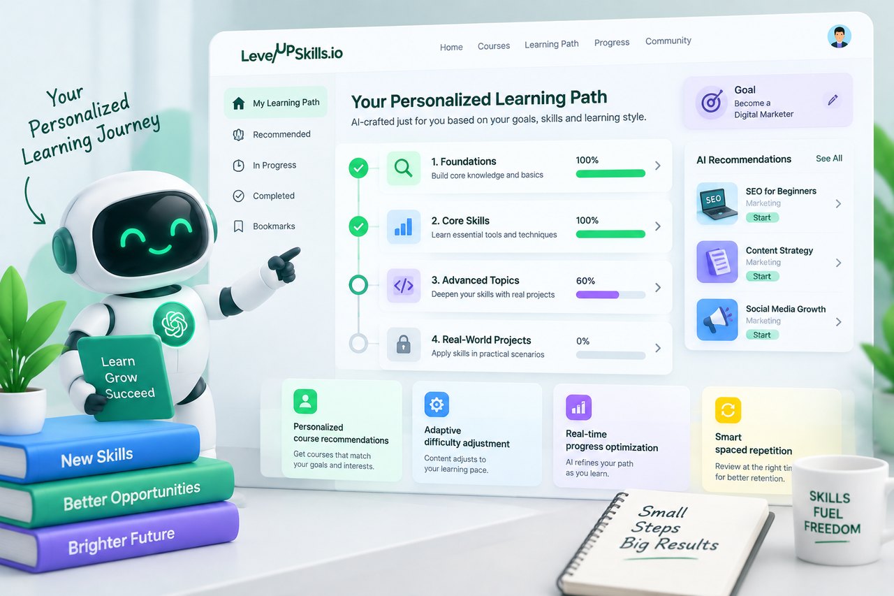 The personalized learning path screen: staged modules with completion percentages, a career goal and AI course recommendations