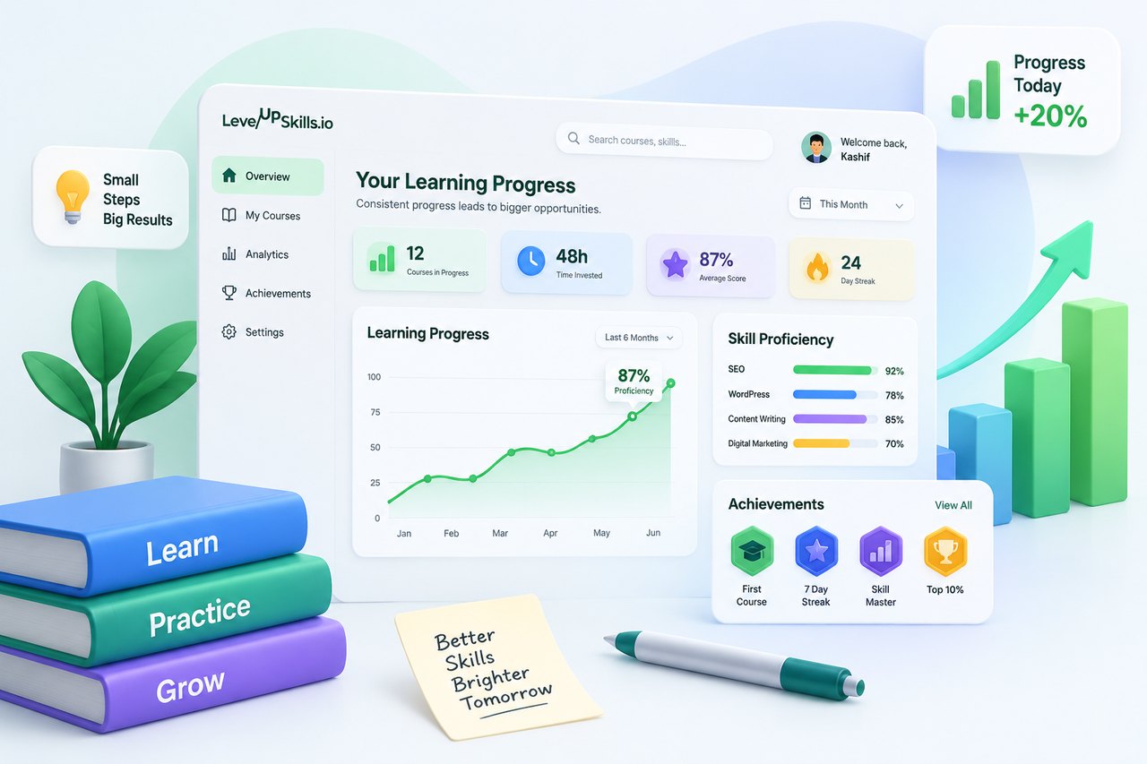 The learning progress dashboard: courses in progress, time invested, average score and streak, with a six-month proficiency chart
