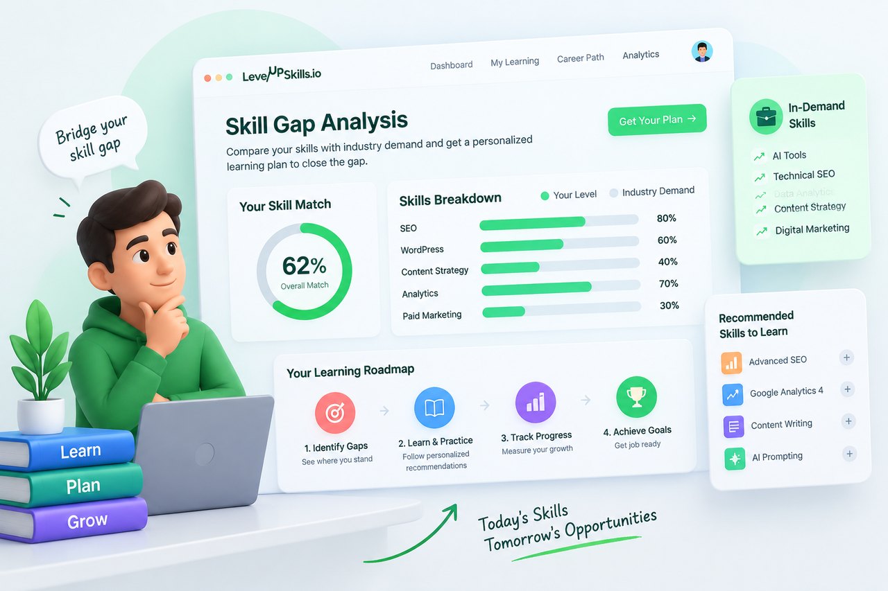The skill gap analysis screen: an overall skill match dial, your level against industry demand per skill, and a learning roadmap